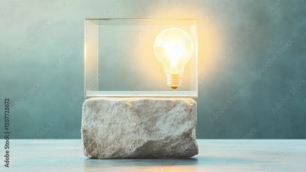 Poster Illuminating Idea: A glowing light bulb encapsulated within a transparent cube, gracefully perched atop a stone, symbolizing a groundbreaking thought or inventive concept.