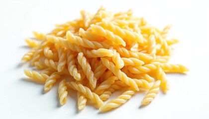 Fototapeta premium Pile uncooked fusilli pasta isolated on white background. Spiral shaped Italian food, vermicelli noodles. Perfect for culinary design and healthy eating concepts. Close-up with selective focus.