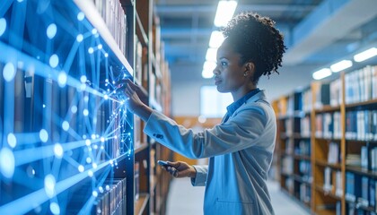 Woman Accessing Digital Information in Library Future of Research and Education