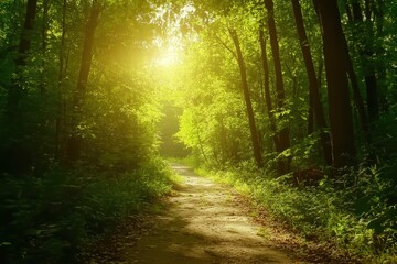 Obraz premium Path through a sunlit forest reveals nature's tranquility during the day, view of the path along the forest seamless ing time lapse virtual Photo Background