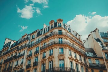 Fototapeta premium Beautiful residential buildings under blue sky in Paris showcasing unique architecture and rooftops, Paris roofs and buildings facades in residential area, beautiful architecture style