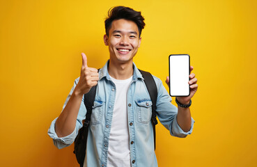 Young Asian man student shows blank screen smartphone, gives thumbs up, recommends app. Cheerful male with backpack in casual clothes. Happy person with good attitude on yellow background.