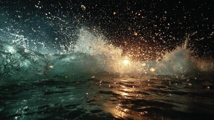 Wave crests, illuminated by a bright, golden sun. Turbulent water