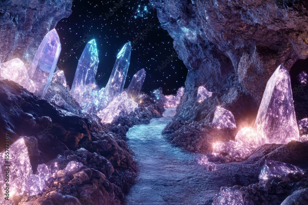 Poster exploring a mystical pathway lined with cosmic crystals in a starry space environment, sci fi pathwa