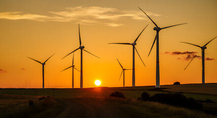 Wind turbines generating power in a scenic sunset landscape