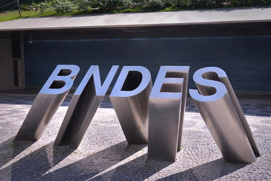 BNDES facade in Rio de Janeiro. BNDES logo in front of the building. In portuguese: Banco Nacional de Desenvolvimento Econ&ocirc;mico e Social.  Rio de Janeiro, Brazil: 03.29.2025