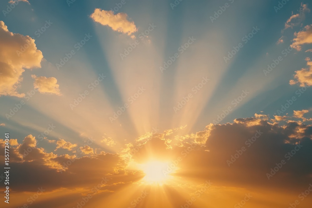 Poster sun rays pierce through clouds at horizon during vertical time lapse capturing serene dawn, sun rays
