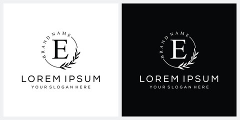 Initial letter E cosmetics fashion logo design, serif font graphic icon, leaves nature symbol concept 