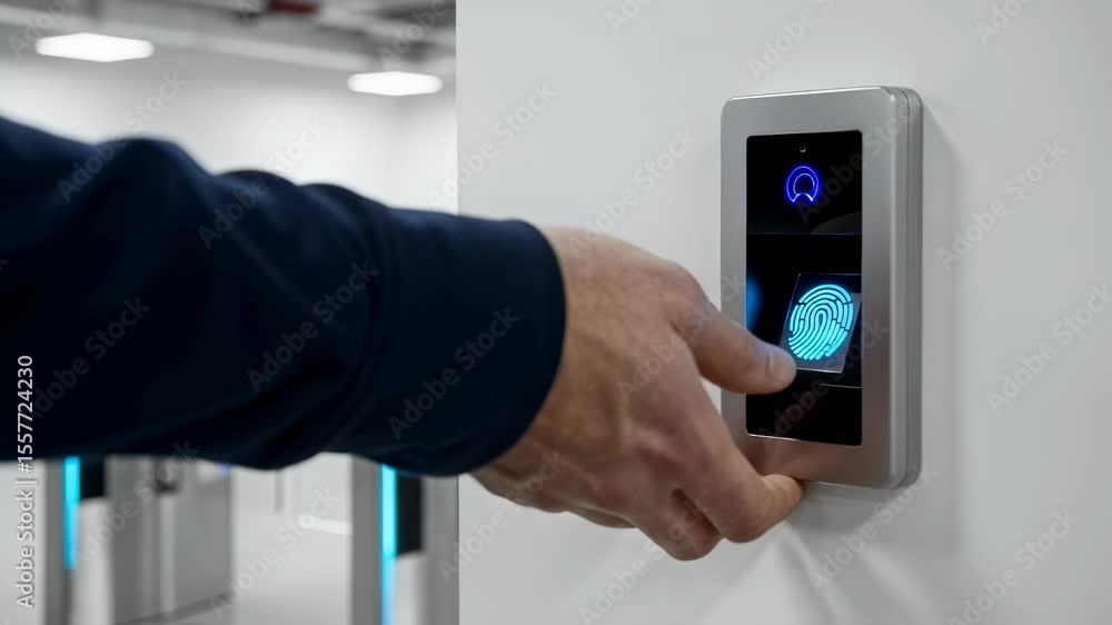 Poster man uses biometric fingerprint scanner for access control in modern building with security gates, te