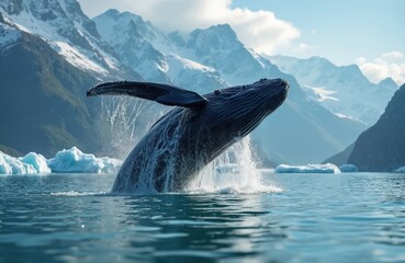 Humpback whale breaches ocean surface, splashing water against scenic backdrop. Alaskan Inside Passage features mountain range, iceberg, snowy peaks. Perfect for whale watching tours. Summer holiday