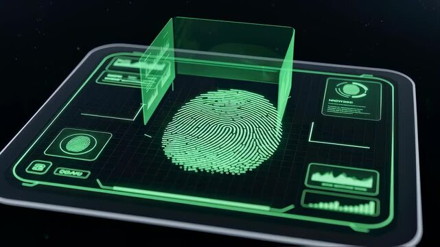 Digital tablet display processing biometric fingerprint data for secure identity verification and access control footage. - Powered by Adobe
