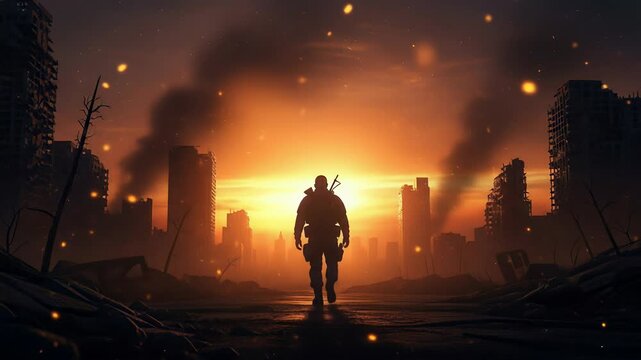 Pixel Art Soldier Walking Through a Post Apocalyptic City at Sunset With Smoke and Fire Digital Illustration - Powered by Adobe