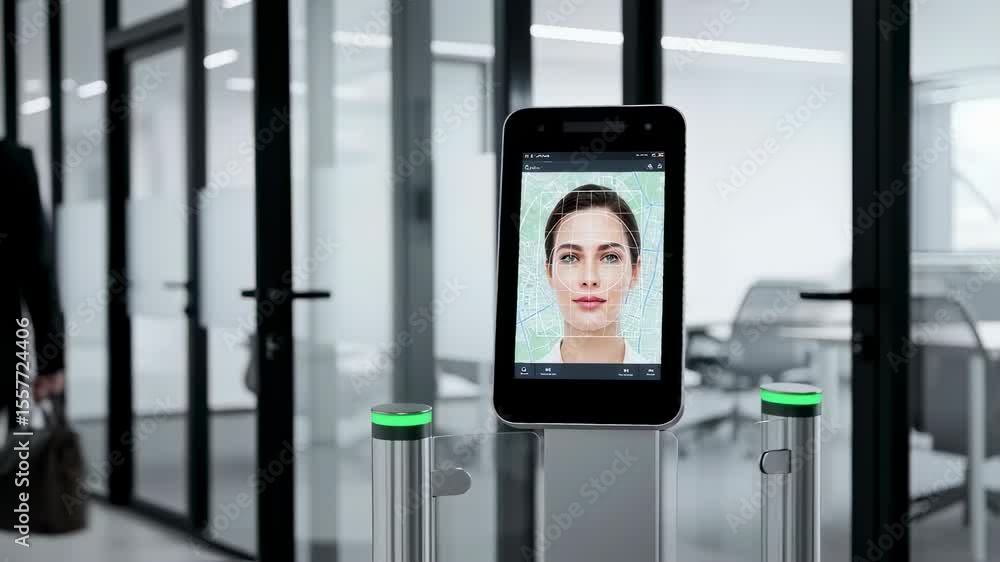 Poster biometric face recognition system with a woman passing through office entrance for secure access foo