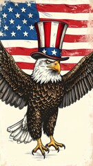 A hand-drawn illustration of a bald eagle wearing a vintage American flag top hat, sketched with colored pencils and ink, soft shading and textured strokes, standing proudly with wings 