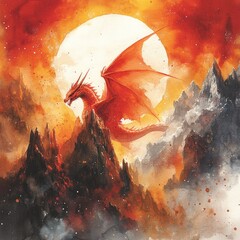 Fiery dragon soaring over volcanic peaks