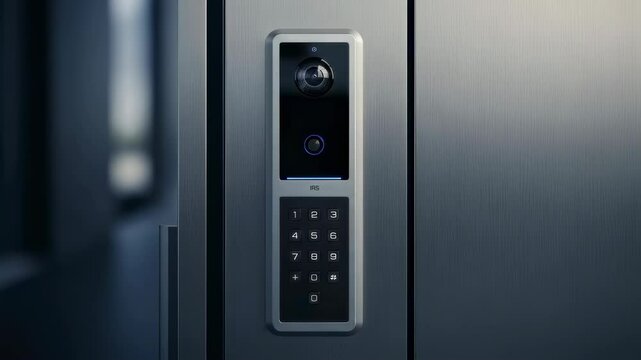Video intercom system with camera and keypad showing blue pulsating circle in a modern building setting, footage.
