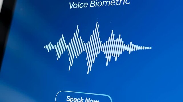 Voice biometric waveform on a digital screen for secure identification system. Sound recognition technology footage.