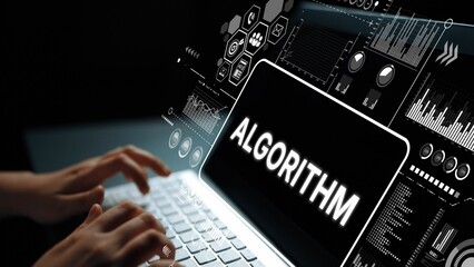 Hands Typing on Laptop with Algorithm and Data Visualization Graphics for Technology and Digital...