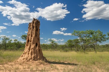 Explore the unique termite mound in the outback landscape of Australia under a blue sky, Termite mound outback Australia landscape Explore native bush forest