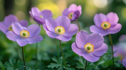 Fototapeta premium Close-up of vibrant lavender anemones in a garden setting.