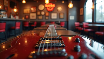 Red electric guitar close-up in interior. Musical instrument strings detail. Iconic bar restaurant scene. Music entertainment, food, vacation, leisure and travel concept.