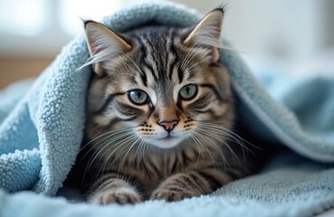 Fluffy cat wrapped cozy blue towel. Pet rests, looks at camera. Domestic animal, cute kitten, comfortable, relaxing, safe, calm. Happy, sweet, adorable, clean. Portrait of feline.