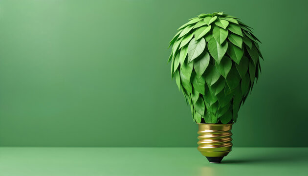 Illustration shows eco-friendly light bulb, crafted from green leaves. Green energy, corporate social responsibility. Concept of environment protection, sustainable business practices, eco-conscious