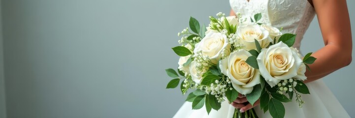 Elegant cascading bridal bouquet, ivory roses & greenery, nature, bloom