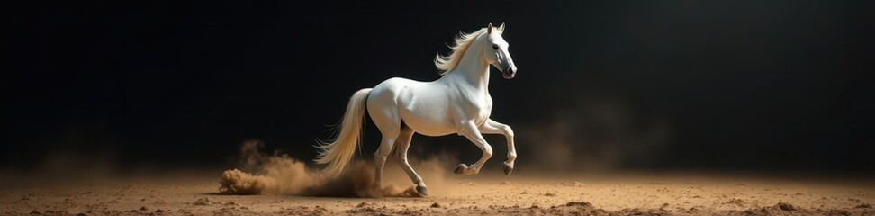 Obraz premium Elegant white horse prances in dark arena with dusty sand beneath hooves, equine art, arena and ground, beautiful horse