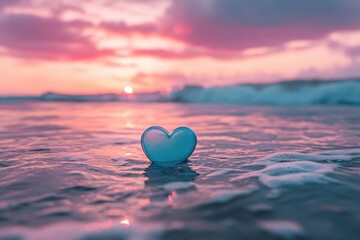 Fototapeta premium Gentle hearts floating on a pink ocean during a serene sunset over tranquil waves, Pink and blue heart floating on a pink ocean at sunset