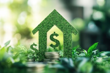 Green arrow rising on financial graph with dollar symbols among greenery and coins, Green Arrow Rising On Graph With Percent Sale Symbols