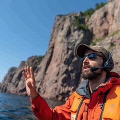 Guide communicating with visitors near coastal cliffs on a clear sunny day in a scenic marine environment