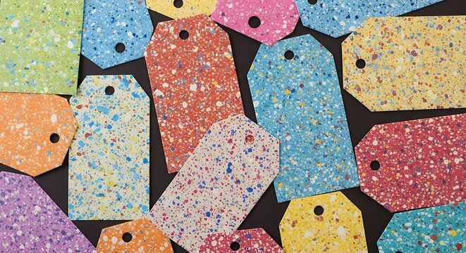 Scattered Colorful Gift Tags with Speckled Design on Dark Background