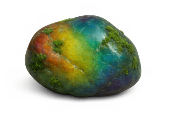 Colorful rock with moss growing on it, suggesting different biomes, isolated on transparent background