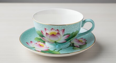 Fototapeta premium Elegant Teacup with Lotus Flower Design on Saucer for Tea Time