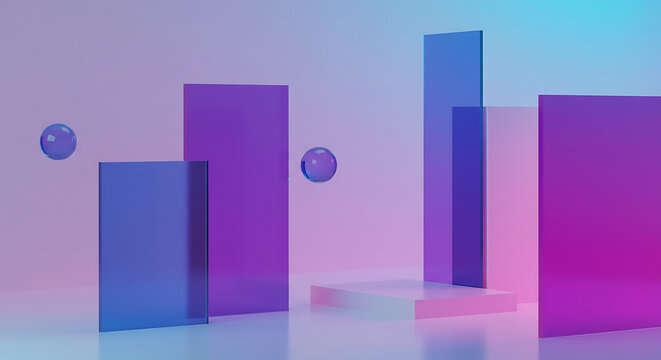 Abstract Transparent Geometric Glass Shapes with Purple and Blue Gradient On Isolated Background

