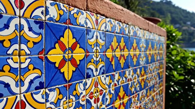 Colorful decorative tiles with blue, yellow, and red patterns outdoors  