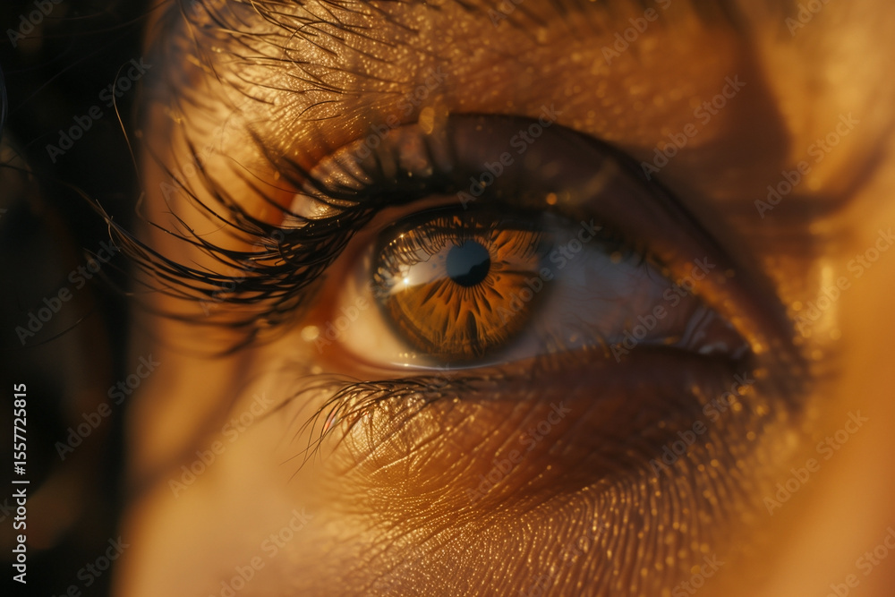 Poster macro shot of an eye with long lashes, illuminated by a golden light, highlighting the skin's textur