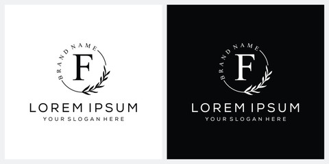 Initial letter F cosmetics fashion logo design, serif font graphic icon, leaves nature symbol concept 
