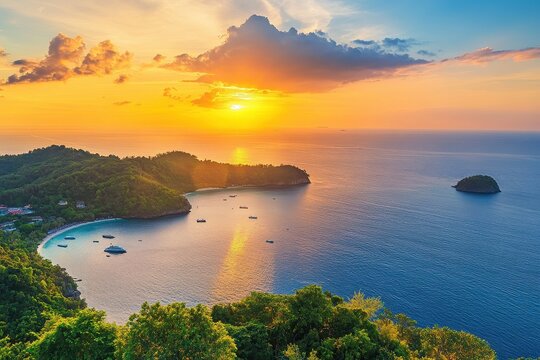 Scenic sunset view over Phuket island sea horizon during a tranquil evening, Scenic sunset over Phuket island sea horizon Thailand tropical nature aerial
