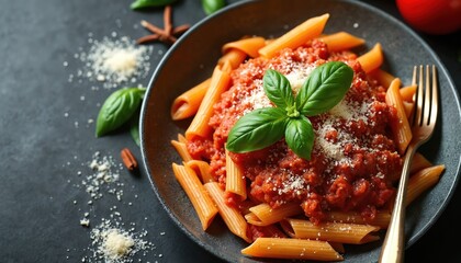 Classic penne arrabiata pasta dish. Served with basil, parmesan cheese on dark table. Italian cuisine, traditional meal. Delicious lunch, dinner. Tasty, spicy pasta with fresh ingredients.