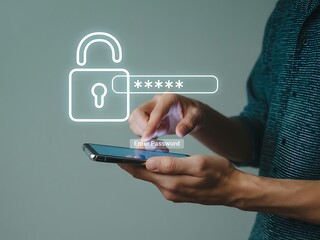 Person s hands holding a smartphone and entering a password with a glowing digital padlock and keyhole symbol overlayed for security concept