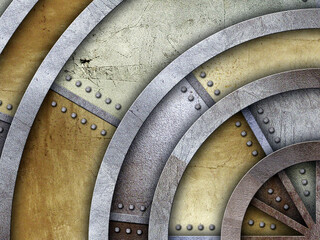 steel metal plate background, golden and silver 3D illustration