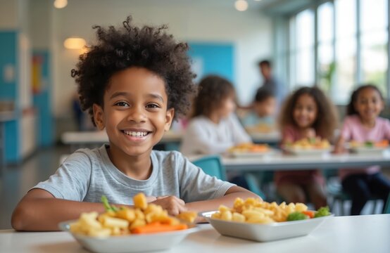 Smiling african american schoolboy eats lunch in modern school cafeteria. Happy boy sits at table with friends in canteen. Diverse pupils enjoy healthy food during break time.