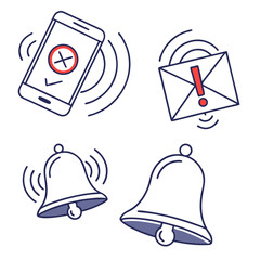 Notification bell icon set. New message notification icon. Incoming inbox message. Alarm symbol. Ringing bells, new notification for clock and smartphone, alarm alert. Vector illustration