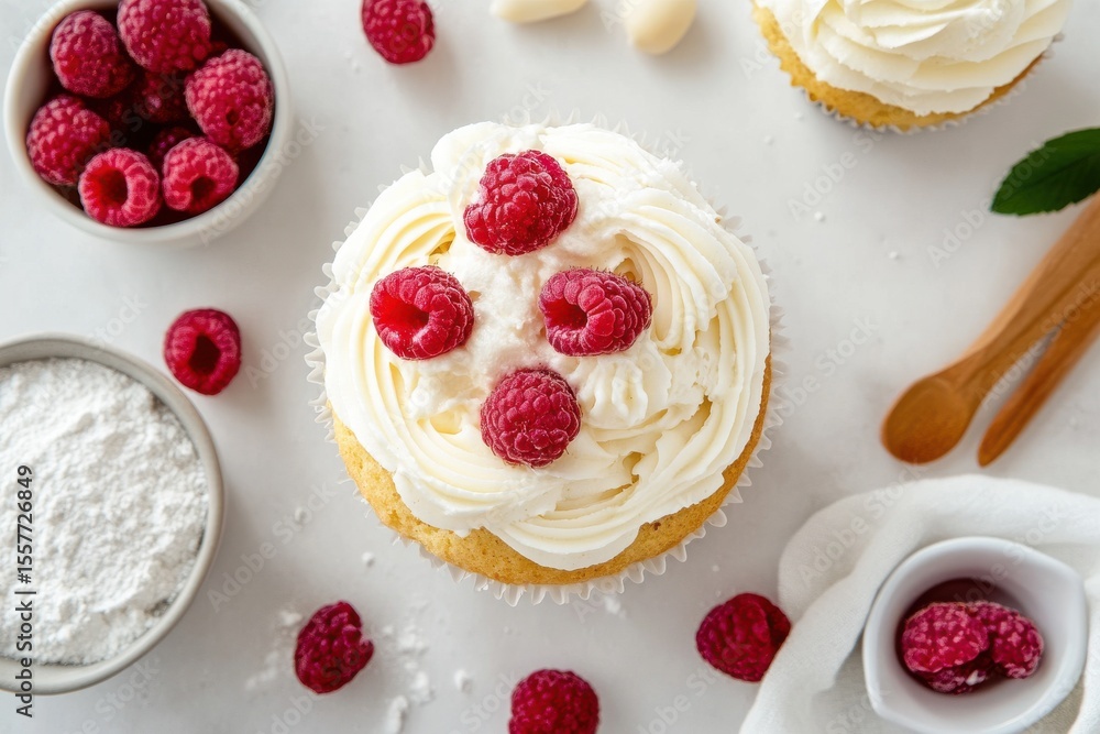 Poster decoratively topped vanilla cupcakes with cream frosting and fresh raspberries on a light surface, v