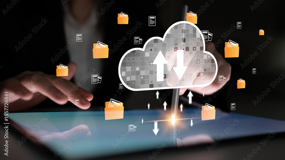 Poster cloud computing enables digital growth with secure data storage, scalable infrastructure, and strate