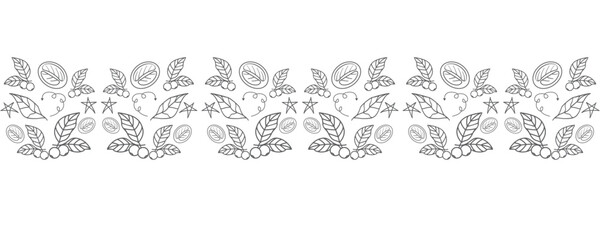 Vector seamless border pattern featuring hand-drawn line art of coffee plant elements such as leaves, berries, beans, and stars. Minimalist monochrome design perfect for coffee packaging, cafe brandin
