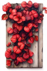 Vibrant red leaves cascading down a rustic wooden plank