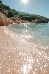 Sunny beach scene with sparkling water